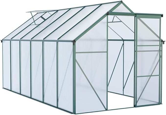 Polycarbonate Greenhouse with Rain Gutter and Roof Vent, Raised Base and Anchor Aluminum Heavy Duty Walk-in Green House, Outdoor Patio Sunroom with Sliding Door (Green, 146.06*74.8*76.77in)
