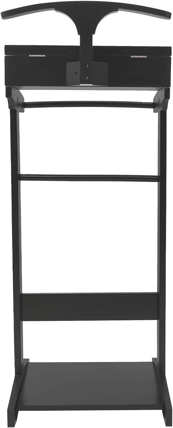 Wood Mens Valet Stand With Shoe Shelf, Coat Hanger and Hat Rack - Freestanding Suit Stand and Clothes Butler With Storage Organizer (Black)