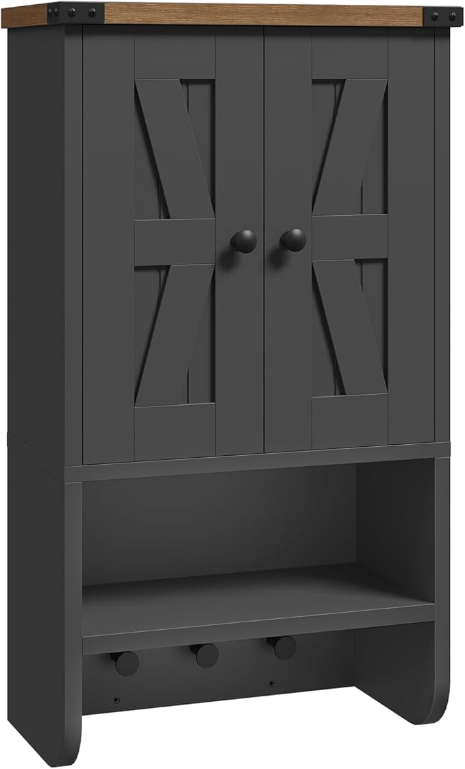 Bathroom Wall Cabinet, Farmhouse Medicine Cabinet with Adjustable Shelf, 3-Tier Wall-Mounted Storage Cabinet with 3 Hooks and Open Shelf, for Bathroom, Living Room, Kitchen, Black and Walnut