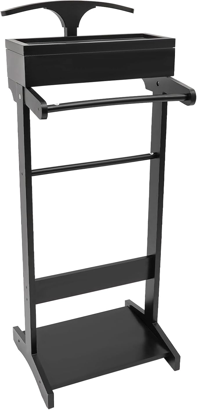 Wood Men Valet Stand Multifunction Clothes Valet Floorstanding Suit Stand Rack with Drawer & Shoe Rack for Bedroom, Entryway, Hotel, Home Office Use (Black)
