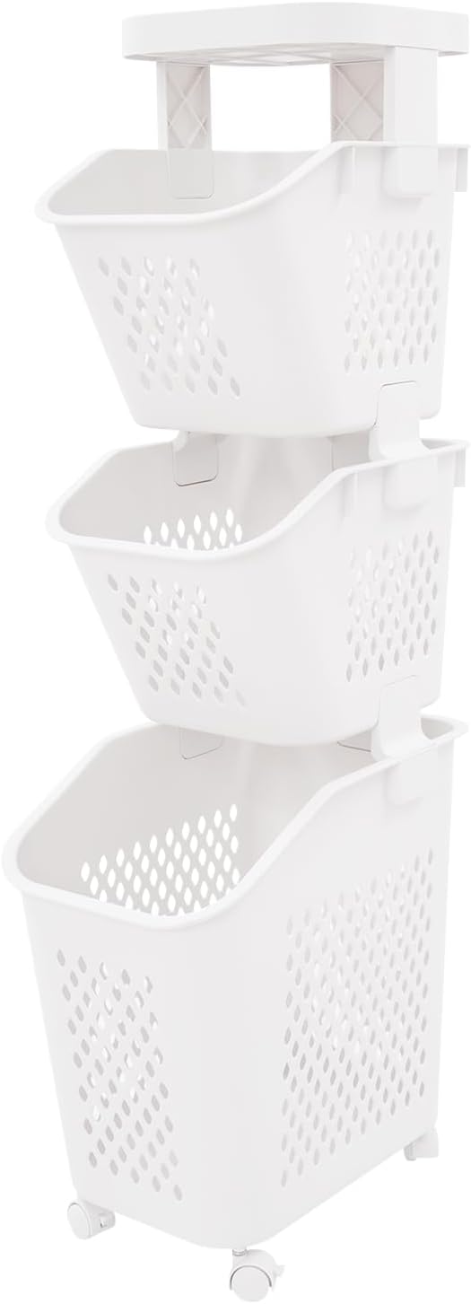 3-Tier Laundry Hamper Sorter with Wheels, Vertical Rolling Laundry Baskets Removable and Stackable, Space-Saving Cart Organizer for Dorm, Closet and Bathroom (3-Tier)