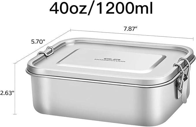 G.a HOMEFAVOR Stainless Steel Bento Lunch Box - Leak-Proof Metal Bento Box, Large Food Container with Lock Clips, Snack Container, Dishwasher Safe, 1200 ml/40 oz