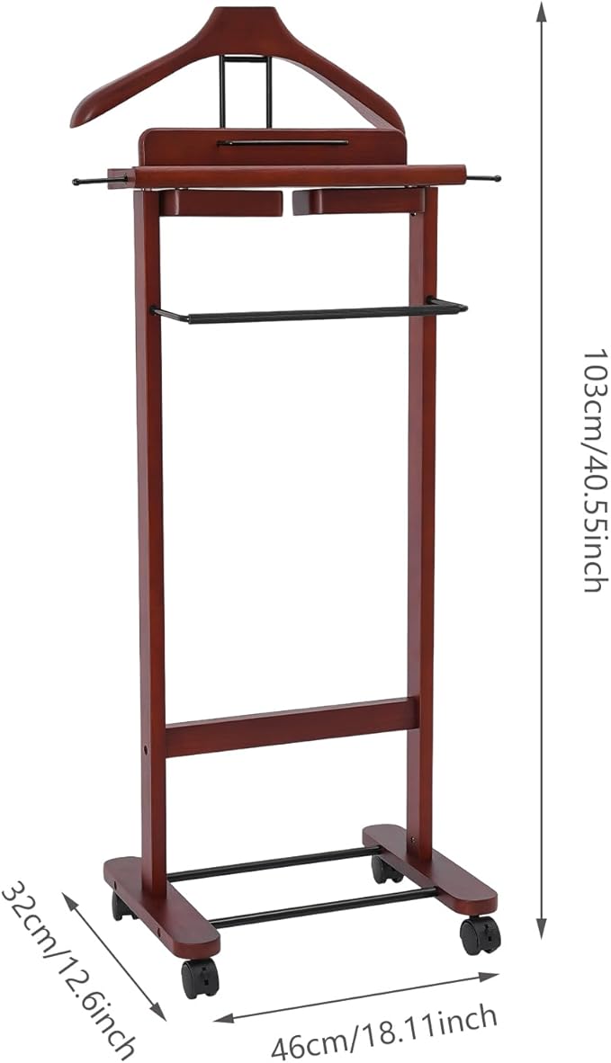 66.14 Lbs Capacity Wood Valet Stand, Clothes Valet Rack with 4 Universal Wheels, Freestanding Clothing Stand with Drawers Tie Rods and Shoe Rack, Reddish Orange