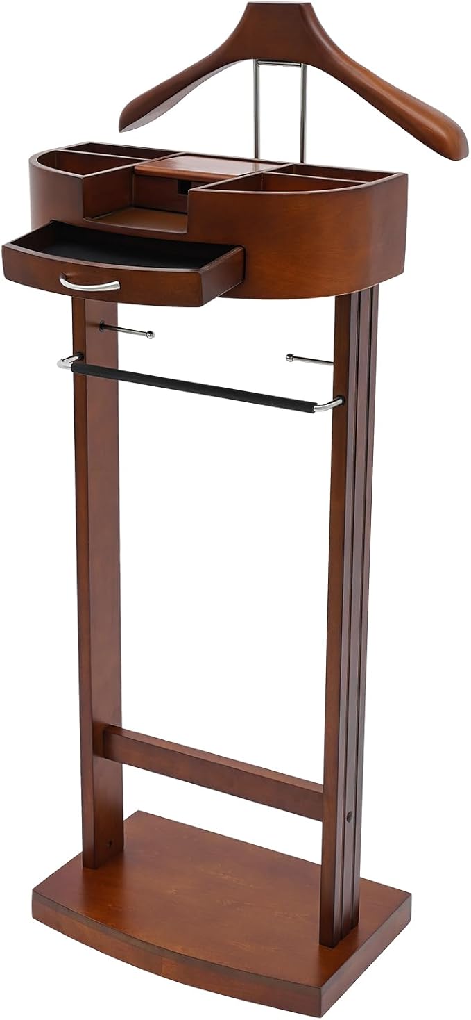 Wood Suit Rack Valet Stand for Men and Women, Freestanding Clothing Rack Organizer with Drawer & Base Vertical Suit Valet Stand for Hats, Bags, Clothes 22 lbs Capacity (Brown)