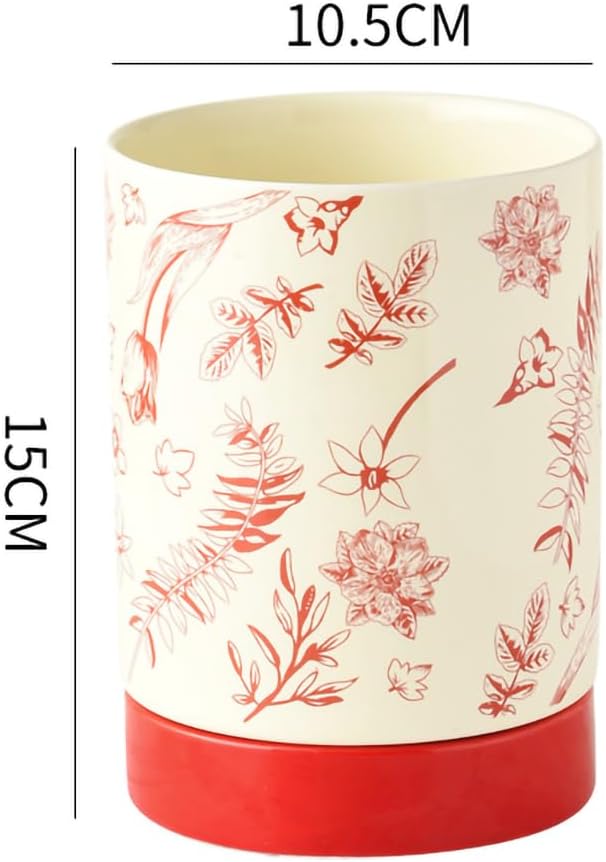 WAIT FLY Vintage Floral Porcelain Kitchen Utensil Holder with Bottom Flatware Storage Organizer Utensil Crock for Countertop Kitchen Counter Decor-Red