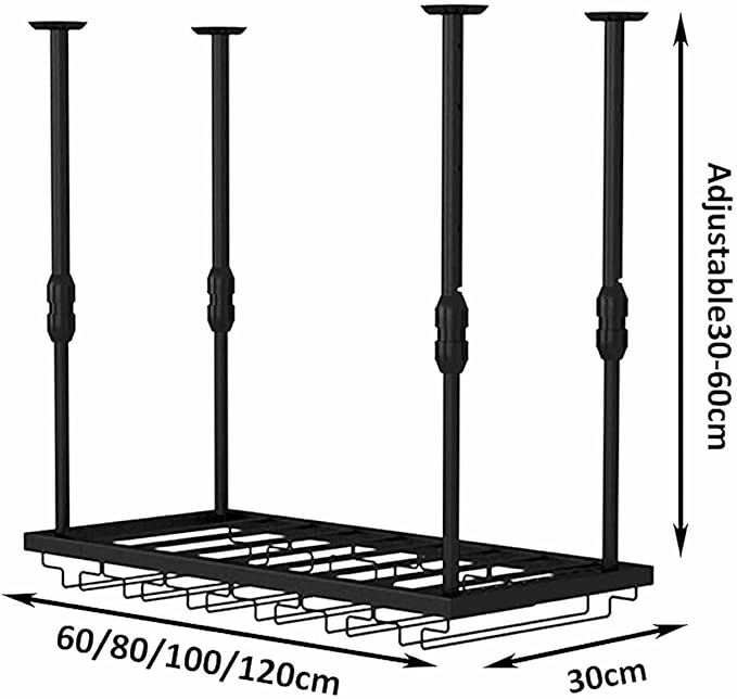 Ceiling Mounted Storage Racks Hanging Wine Rack, Adjustable Height Metal Ceiling Bottle Rack, Black Display Wine Storage Holder with Stemware Glass Shelf for Kitchen (Black 100 x 30cm)