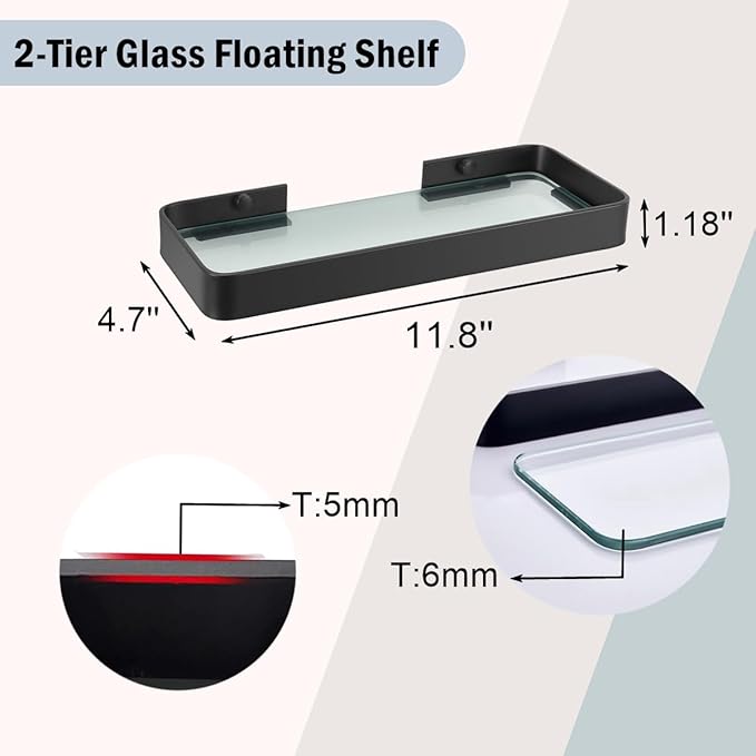 Z metnal Small Glass Bathroom Shelves, Matte Black Floating Shelf Wall Shelf Organizer, Wall Mounted (Clear Glass, 11.8 inch)
