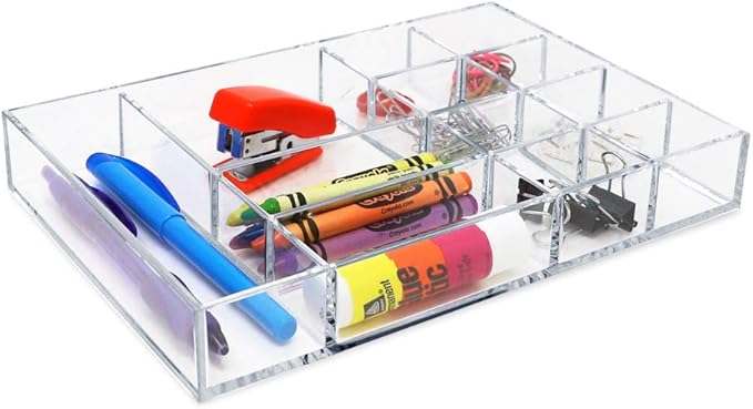 Isaac Jacobs 12-Compartment Clear Acrylic Drawer Organizer (9.4" L x 6.4" W x 1.3" H), Multi-Sectional Tray & Storage Solution for Makeup, School & Office Supplies, Bathroom, Kitchen