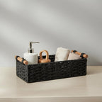 Back of Toilet Basket with Wood Handles, Black Wicker Toilet Paper Basket for Toilet Tank Top, Narrow Toilet Tank Basket, Bathroom Basket Organizer for Wipes & Essentials
