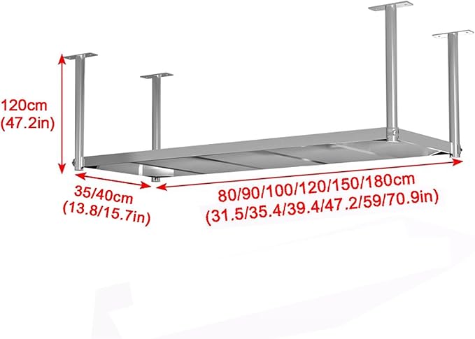 XPLKQXE Stainless Steel Ceiling Shelf, Hanging Industrial Ceiling Mount Storage Rack, Kitchen Wall Mounted Plant Stand/Wall Decor for Bar Cafe Kitchen(Silver-1lay,90x40x120cm)