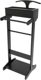 Wood Men Valet Stand Multifunction Clothes Valet Floorstanding Suit Stand Rack with Drawer & Shoe Rack for Bedroom, Entryway, Hotel, Home Office Use (Black)