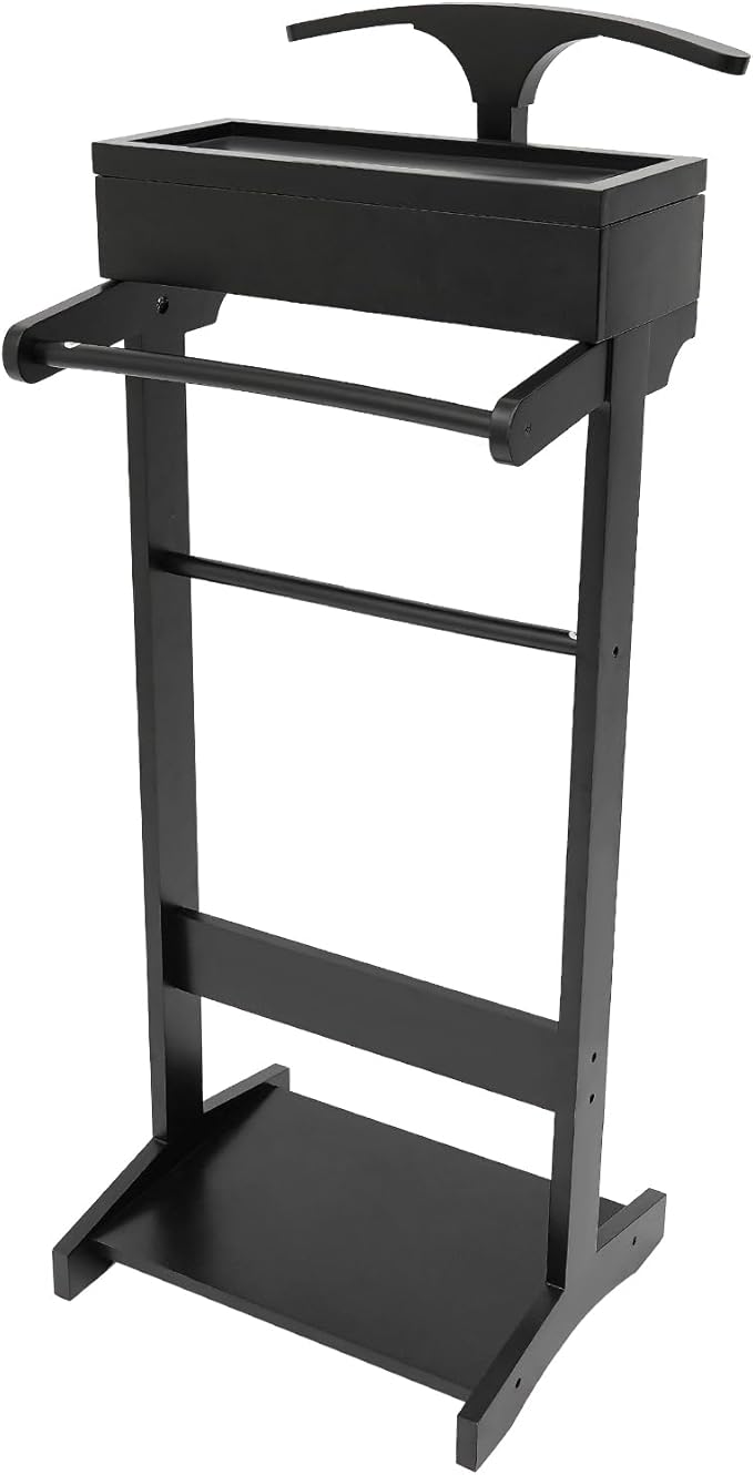 Wood Suit Rack Suit Stand for Man and Women Clothes Valet Suit with Drawer Freestanding Wood Mens Valet Stand for Entryway Office Living Room (Black)