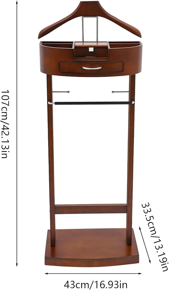 Valet Stand for Man and Women, Wood Suit Rack Suit Valet Stand with Top Tray, Valet Suit with Drawer Valet Stands Men Valet Brown Suit Valet Clothes Rack for Entryway Office Living Room