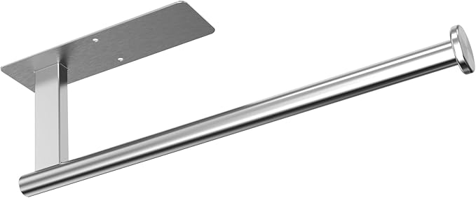 Paper Towel Holder Under Cabinet, Upgraded Adhesive Paper Towel Holder Wall Mount for Kitchen, Bathroom, RV, Bend-Resistant, Self-Adhesive or Drill mounting, Stainless Steel, Silver