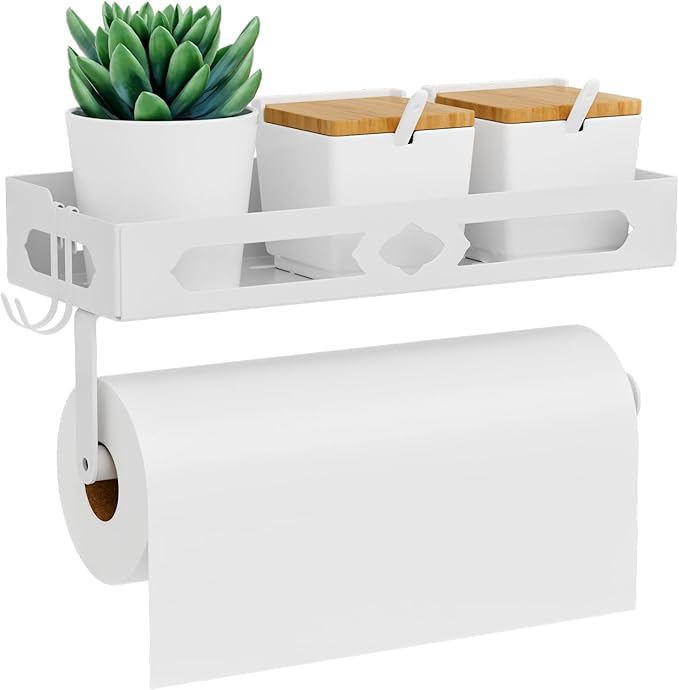 White Paper Towel Holder Wall Mount with Shelf - Adhesive Hand Towel Rack, Space-Saving for Bathroom, Kitchen, RV Camper