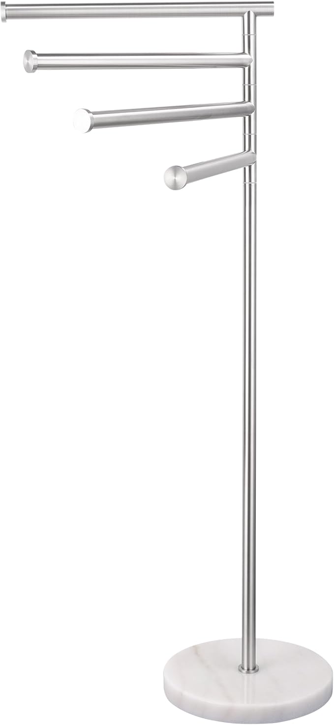 KES Free Standing Towel Racks for Bathroom, Towel Stand with Natural Marble Base, 40 Inch 4 Swivel Bars Floor Towel Rack Stand, Premium 18/8 Stainless Steel, Brushed Finish, BTH219S4-2