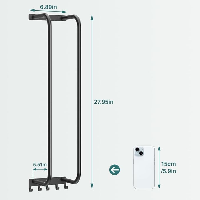 Towel Rack Bathroom Wall Holder: 27.9 Inch Wall Mounted Shower Organizer, for Rolled Towel Storage, 2 Metal Racks Plus Extra 5 Hooks, for Modern Small Space Bathroom RV Campers (Matte Black)