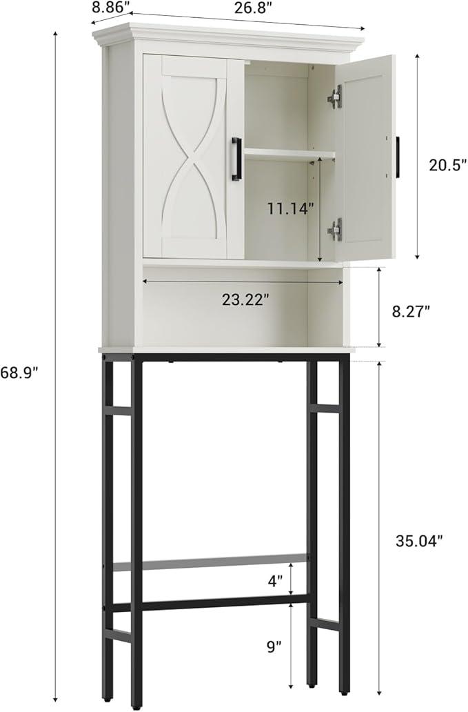 Over The Toilet Storage Cabinet, Over The Toilet Cabinet with Doors, Over Toilet Bathroom Organizer Above Toilet Storage Cabinet with Inner Adjustable Shelf and Anti-Tip Device, Cream White