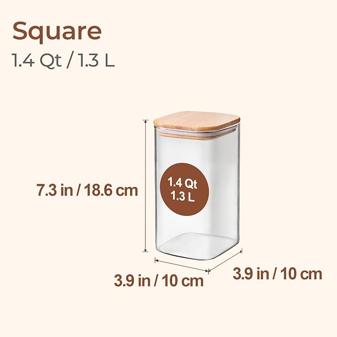 ComSaf 1.4 Qt Glass Storage Containers with Lids, Glass Jars with Lids, Clear Food Storage Jar, Square Canister Set of 3, Pantry Organizers and Storage for Flour Oat Pasta Tea Cookie Coffee Bean