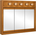 Design House Richland Medicine Cabinet with 5 Lights, Fully Assembled, Wall Mounted, 3 Mirrored Doors, Wood Frame, Oak Finish, 36 in x 5 in x 30 in, 530618-NOK