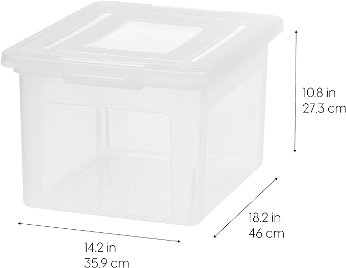 IRIS USA File Box, Plastic File Organizer with Lids for Letter/Legal File, Portable Document Box For Moving, Storage Bin with Durable and Secure Lid, Stackable Nestable BPA-Free, Clear 35 Qt. 4 Pack