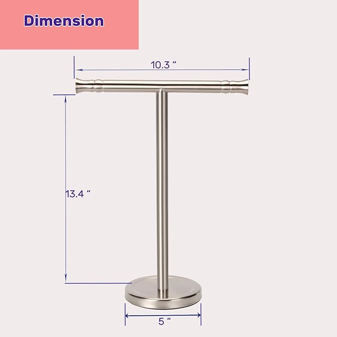 Hand Towel Holder Stand for Bathroom Vanity Countertop SUS304 Stainless Steel T-Shape Free Standing Towel Rack Stand Towel Bar for Bathroom Kitchen (Brushed Nickel)