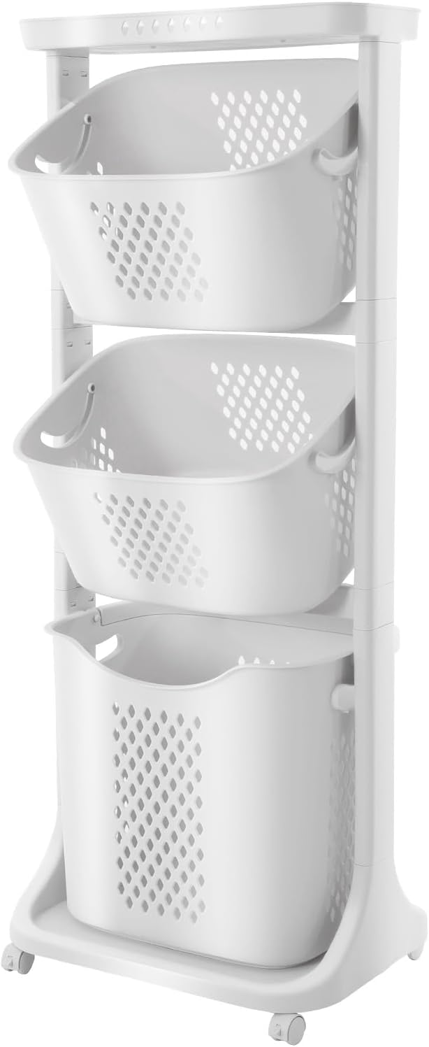 Laundry Hamper Basket Sorter, 3-Tier PP Laundry Sorter Cart with 4 Wheels, 16.92x12.99x42.91in Removable Rolling Laundry Baskets, Practical Handle, Porous Design, 1 Large and 2 Small Baskets, White