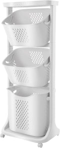 Laundry Hamper Basket Sorter, 3-Tier PP Laundry Sorter Cart with 4 Wheels, 16.92x12.99x42.91in Removable Rolling Laundry Baskets, Practical Handle, Porous Design, 1 Large and 2 Small Baskets, White