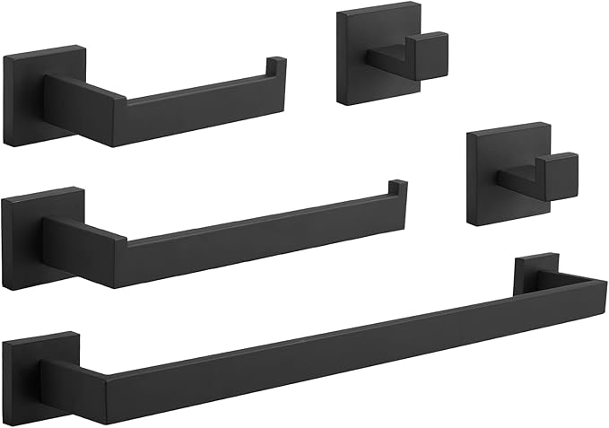 BWE 5 Pieces Matte Black Bathroom Hardware Set SUS304 Stainless Steel Include 21.9" Towel Bar,Hand Towel Holder,Toilet Paper Holder and 2 Robe Hook Square Bathroom Accessories Set Wall Mounted
