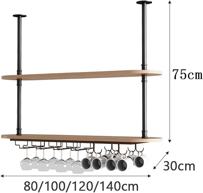 Ceiling Hanging Plant Stand Metal Wine Rack - LOFT Retro Iron Solid Wood , Wooden Hanging Wine Glass Holder, Ceiling Mounted Storage Rack, Industrial Ceiling Mount Shelves 2 Layer ( Color : Black , Si