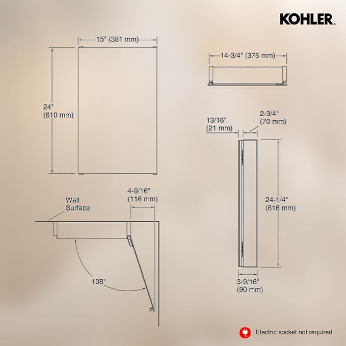 Kohler K-81144-DA1 Maxstow Frameless Surface Mount Bathroom Medicine Cabinet, 15" x 24", Dark Anodized Aluminum