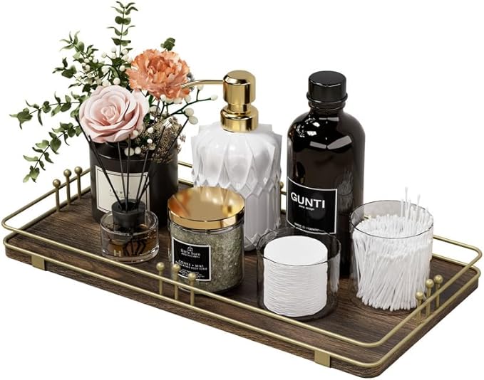 Toilet Paper Basket, Bathroom Basket for Counter Toiletries Towel Decor, Toilet Tank Tray, Guest Back of Toilet Organizer Storage, Vanity Tray for Perfume Makeup, Kitchen 13”x6.5” Brown-Gold