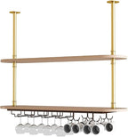 Ceiling Hanging Plant Stand Metal Wine Rack - LOFT Retro Iron Solid Wood , Wooden Hanging Wine Glass Holder, Ceiling Mounted Storage Rack, Industrial Ceiling Mount Shelves 2 Layer ( Color : Gold , Siz