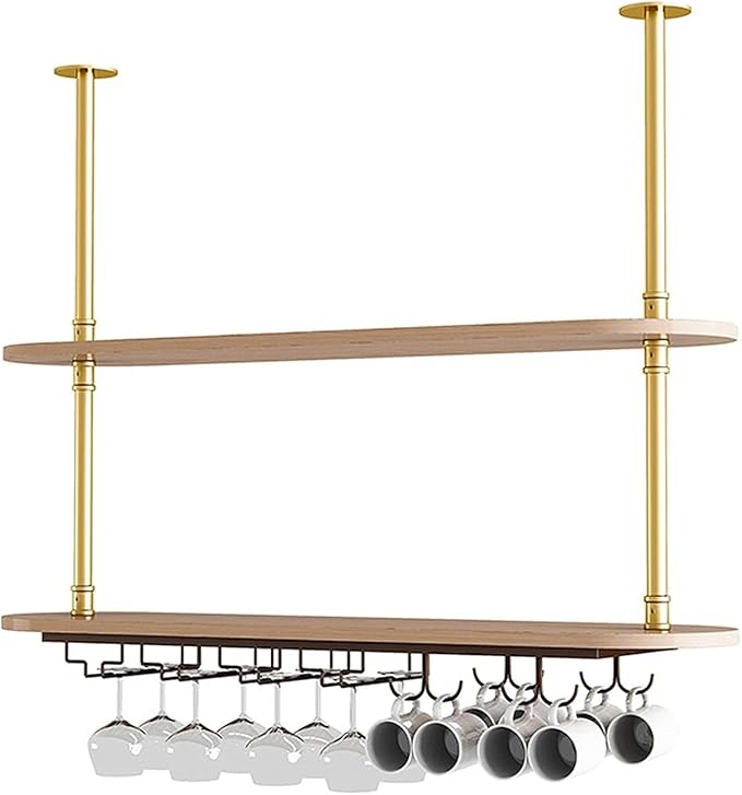 Ceiling Hanging Plant Stand Metal Wine Rack - LOFT Retro Iron Solid Wood , Wooden Hanging Wine Glass Holder, Ceiling Mounted Storage Rack, Industrial Ceiling Mount Shelves 2 Layer ( Color : Gold , Siz