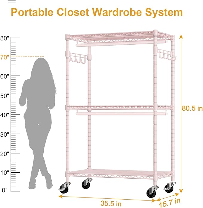 P1 Rolling Closets with Wheels and Shelves, Portable Closet Wardrobe for Clothes Hanging, Pink Clothing Storage and Organizer System for Bedroom, 35.5" W x 15.7" D x 80.5" H, Hold 500lbs