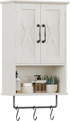 ChooChoo Farmhouse Medicine Cabinet, Bathroom Wall Cabinet with Adjustable Shelf, Towel Bar, 3 Hooks, Over The Toilet Storage Cabinet for Bathroom, Kitchen, 19.3''L, White