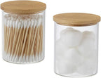Qtip Holder with Bamboo Vanity Tray, Glass Apothecary Jars with Lids, Cotton Ball Swab Pad Rounds Holder Bathroom Canister Jars for Bathroom Restroom Decorations and Organizer