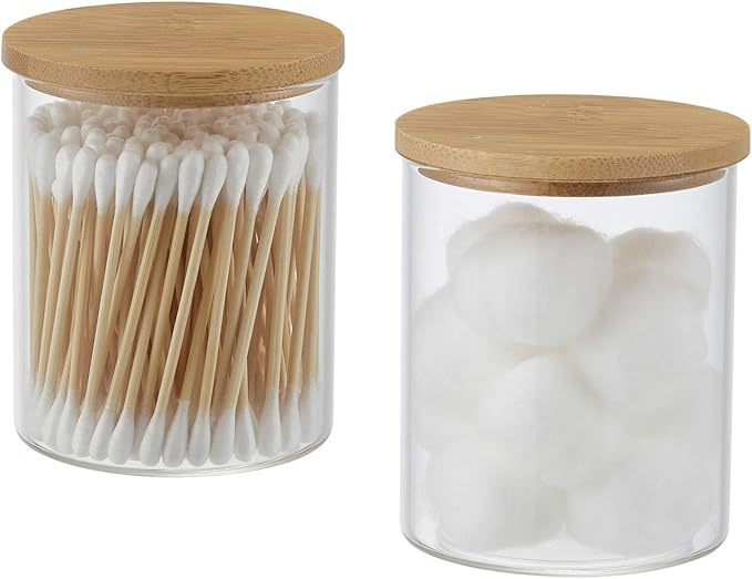 Qtip Holder with Bamboo Vanity Tray, Glass Apothecary Jars with Lids, Cotton Ball Swab Pad Rounds Holder Bathroom Canister Jars for Bathroom Restroom Decorations and Organizer