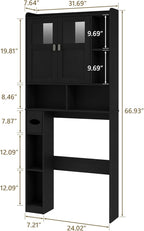 Vabches Over The Toilet Storage Cabinet, Bathroom Shelf Over Toilet with Glass Doors and Adjustable Shelves, Black Freestanding Home Space Save Toilet Rack, for Restroom, Bathroom, Laundry