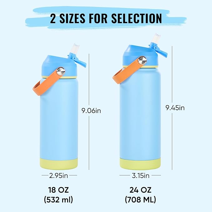 18oz Insulated Stainless Steel Water Bottle, Wide Mouth Double Wall Vacuum, Silicone Straw, Sweat & Leak Proof, BPA Free Insulated Water Flask for Travel, Keep Cold 24h Hot 12h, Cerulean
