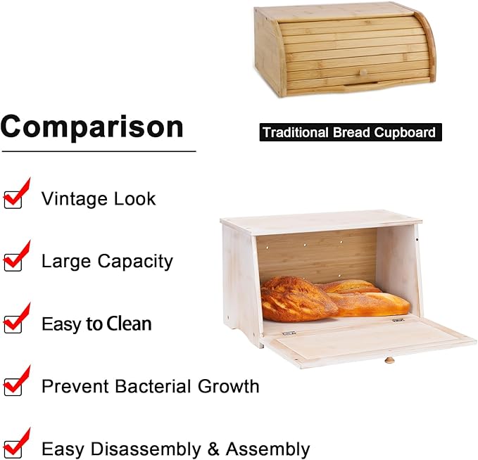 HOMEKOKO Vintage Large Wood Bread Box for Kitchen Counter, Retro Design Single Layer Bamboo Large Capacity Food Storage Bin (White)