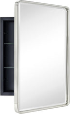 TEHOME Farmhouse Brushed Nickel Metal Framed Recessed Bathroom Medicine Cabinet with Mirror Rounded Rectangle Medicine Cabinet with Beveled Mirror 16x24''