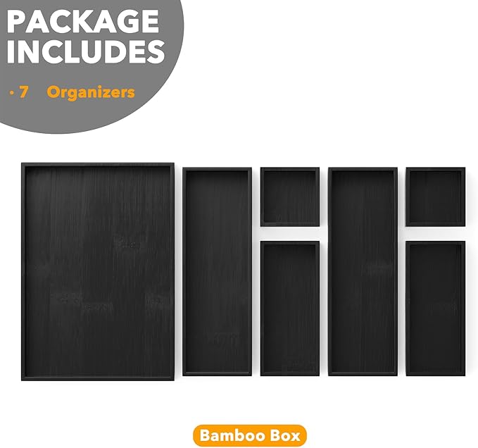 SpaceAid 7-Piece Bamboo Drawer Organizer Storage Boxes Set, Wood Tray Junk Drawer Organizers Multi-Use Divider Bins for Kitchen, Bathroom, Office Desk and Makeup Organization (7 Pack, Black)