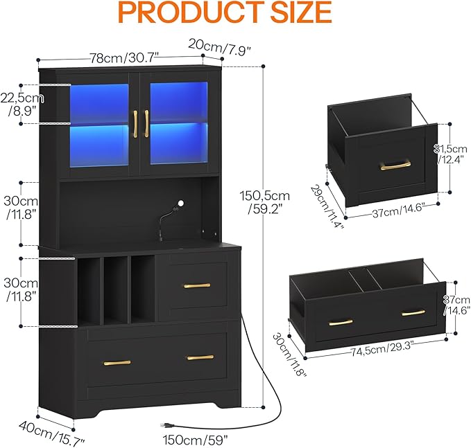 HOOBRO 2 Drawer File Cabinet with Charging Station, LED Lights, and Bookshelf, Farmhouse Filing Cabinet with File Holder Organizer, Fits Letter, Legal, A4 Size, Vertical, for Home Office, Black