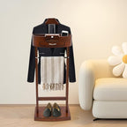 Suit Valet Stands for Women and Men Clothes Wood Valet Stand with Base Freestanding Clothing Organizer Valet Stand Contour Hanger Trouser Bar Belt Hooks for Office Living Room (Brown)