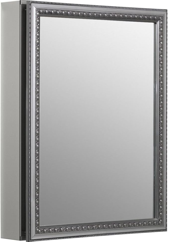 Kohler CB-CLW2026SS Aluminum Bathroom Medicine Cabinet with Mirror, Decorative Silver Framed Mirror Door, Adjustable Shelves, Rectangular Frame, 20 in. W x 26 in. H