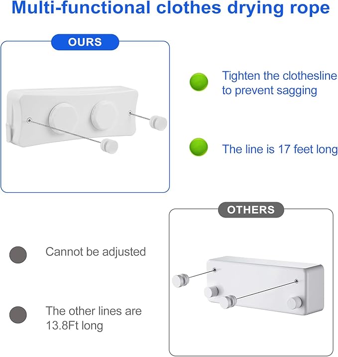 17Ft Retractable Clothesline Indoor/Outdoor, Comes with 30 clothespins, Anti-Sag for Drying Clothes line retracting Indoor/Outdoor, Dual-Line with Each Line 17Ft Long Laundry line Retractable