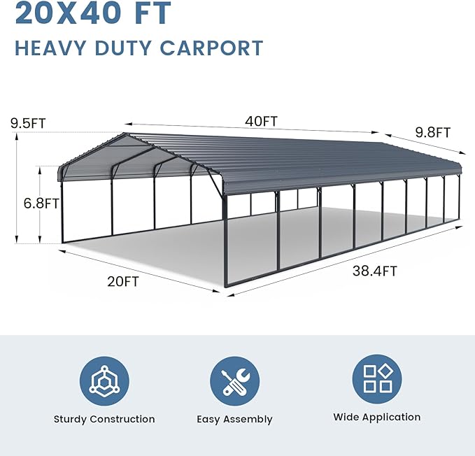 EROMMY 20x40 FT Metal Carport, Heavy Duty Carports with Galvanized Steel Roof and Frame, Sturdy Car-Shelter in All Weathers, Easy Assembly Car-Canopy for 2 Cars, SUV, Tractors and Boat, Gray