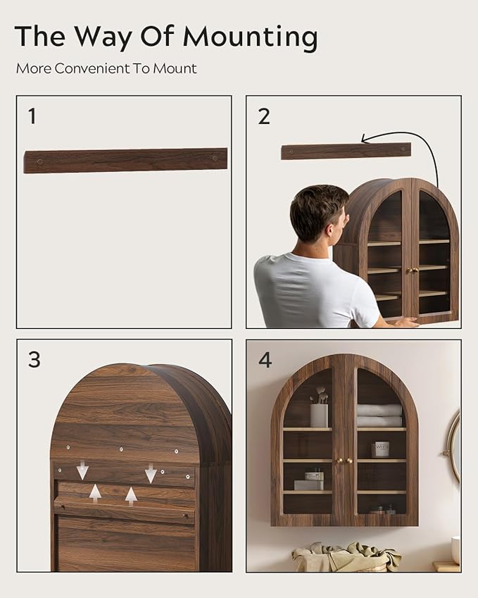Brown Arched Wall Cabinet, Large Wood Bathroom Medicine Cabinet Wall Mounted Cupboard, Modern Floating Storage Cabinet with Acrylic Door Adjustable Shelf, Wood Organizer (Brown-Oak)