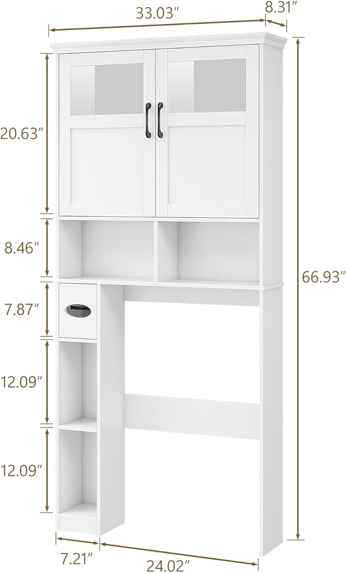 Vabches Freestanding Toilet Storage Cabinet with Double Doors, Shelf Space Saver, Anti-Tip Design & Adjustable Shelf, White